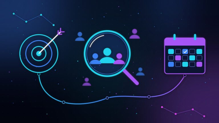 Illustration of a content marketing strategy workflow showing goal-setting, audience research and a content calendar