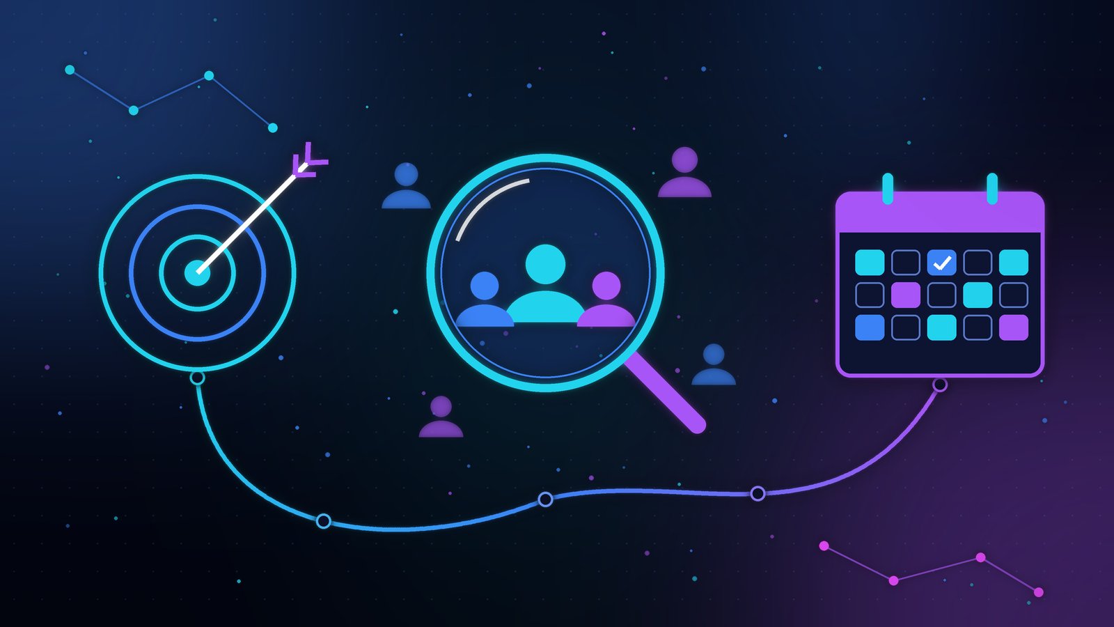 Illustration of a content marketing strategy workflow showing goal-setting, audience research and a content calendar