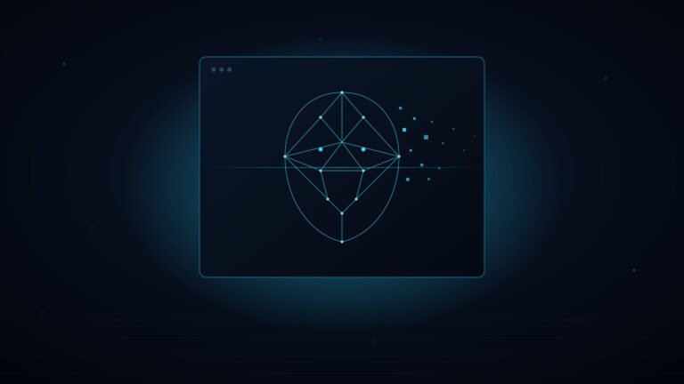 Dark, futuristic illustration of a deepfake video call phishing attack, glowing blue outline of a face on a screen