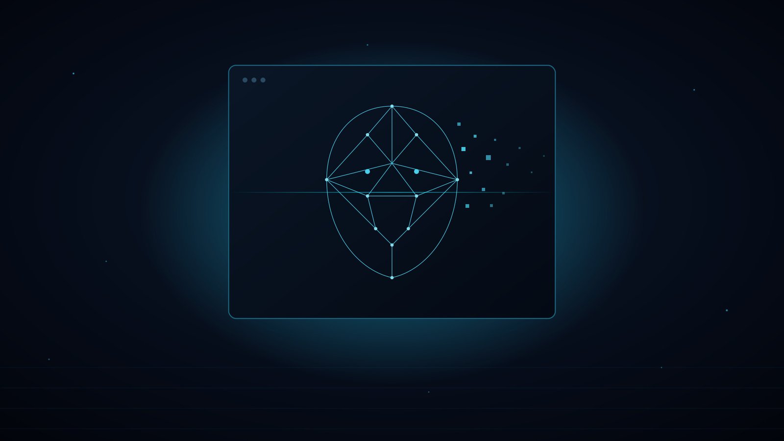 Dark, futuristic illustration of a deepfake video call phishing attack, glowing blue outline of a face on a screen