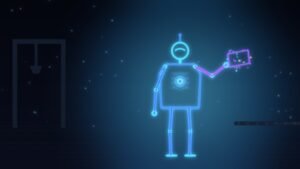 Stylized neon illustration of a humanoid robot holding a metal panel on a factory floor, representing physical AI in 2026.