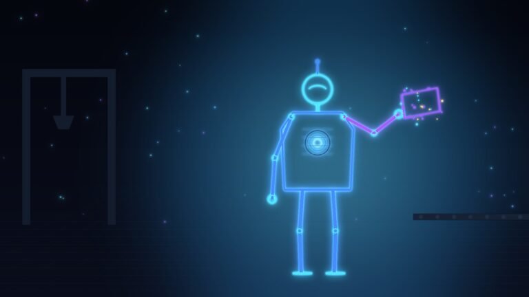 Stylized neon illustration of a humanoid robot holding a metal panel on a factory floor, representing physical AI in 2026.