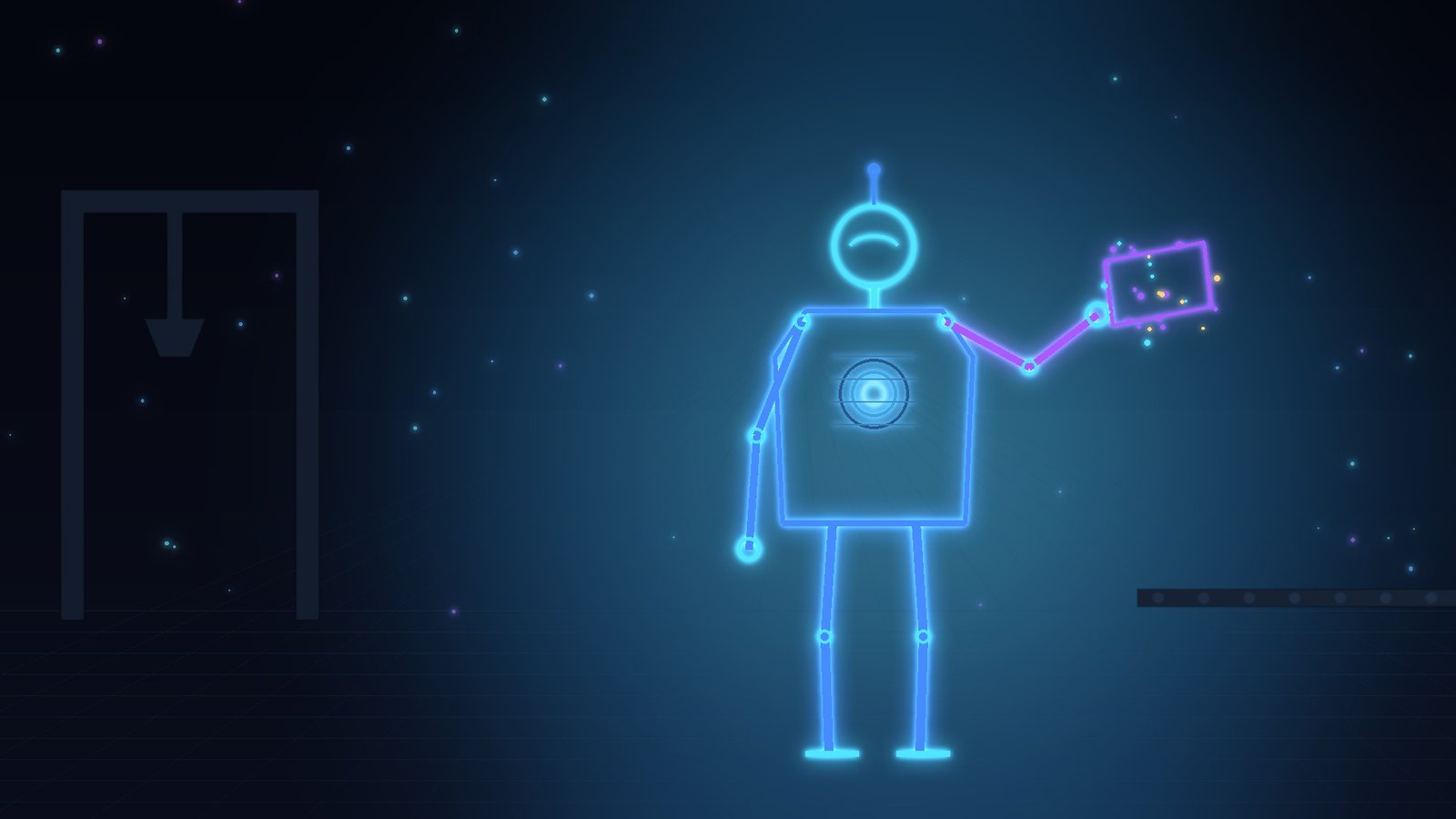 Stylized neon illustration of a humanoid robot holding a metal panel on a factory floor, representing physical AI in 2026.
