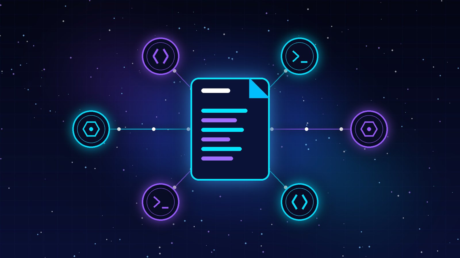Dark futuristic illustration of one glowing document connected by neon lines to several AI coding agent nodes