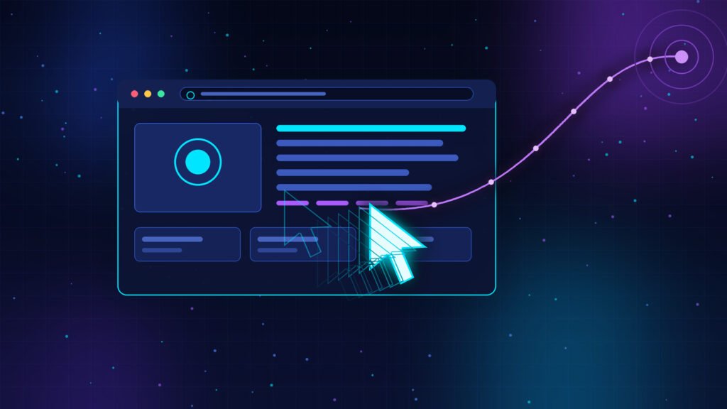 a text-free illustration in the dark navy, cyan and purple style from your editor notes. A browser window with a glowing cyan cursor is being pulled off course by a purple signal. It matches the alt text you supplied.
