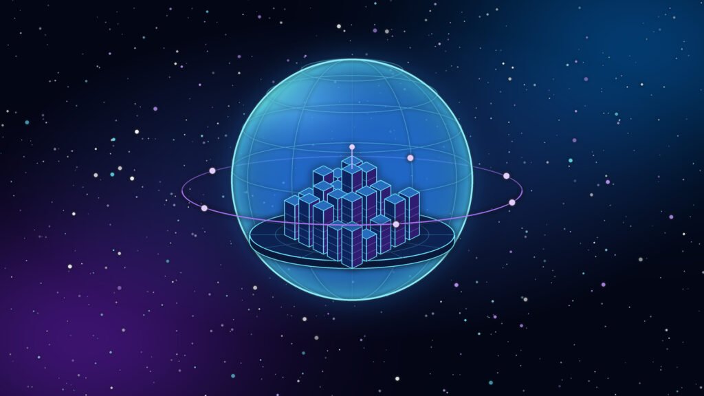 Dark futuristic illustration of a glowing translucent globe holding a small city, with electric blue and cyan wireframe lines on a navy background