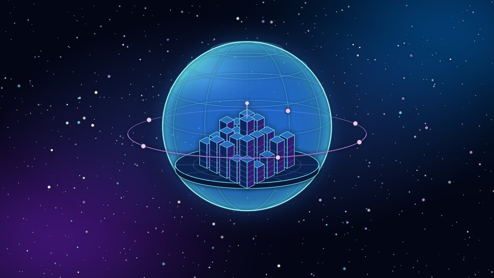 Dark futuristic illustration of a glowing translucent globe holding a small city, with electric blue and cyan wireframe lines on a navy background