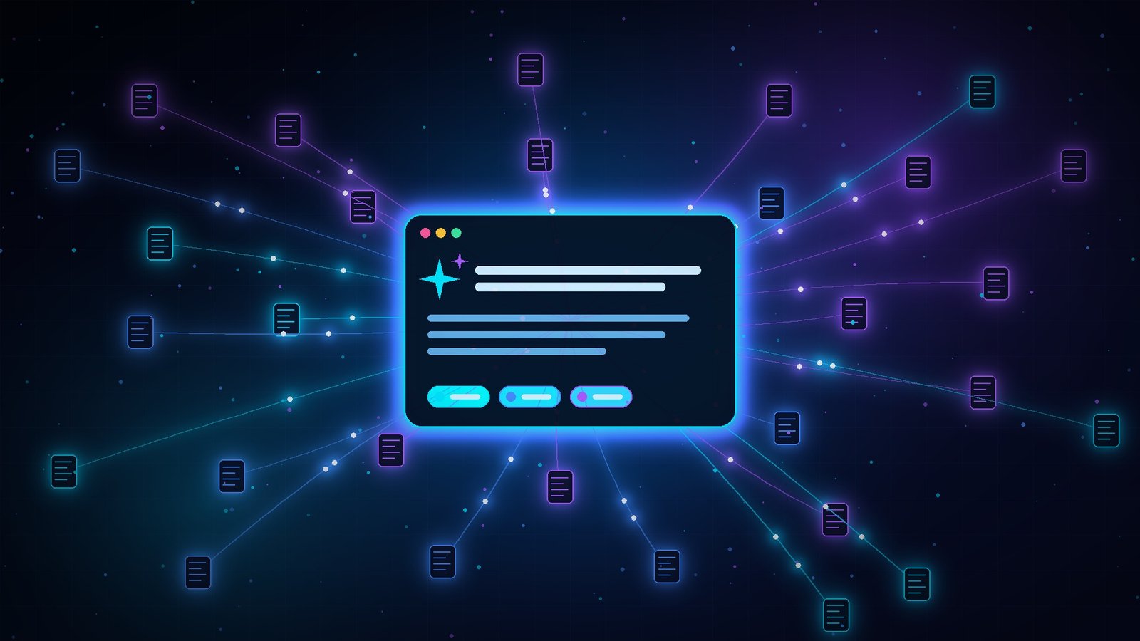 Dark futuristic illustration of an AI answer interface drawing cited sources from a network of web pages, with electric blue and cyan neon accents