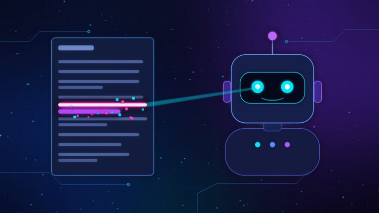 Dark navy illustration of an AI agent reading a document that hides a glowing line of instructions, in electric blue, cyan and purple neon