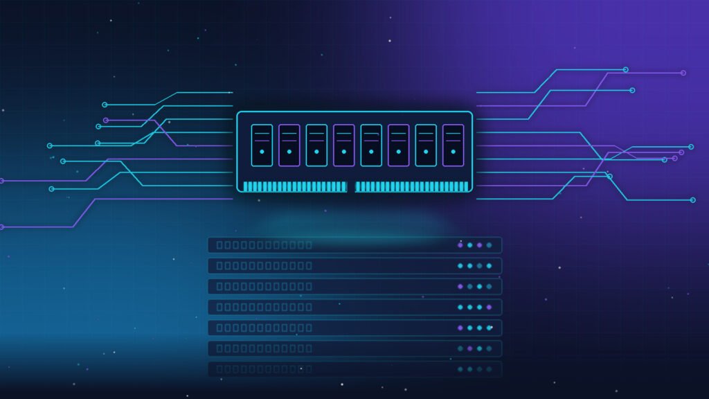 Dark futuristic illustration of a glowing memory module with neon cyan and purple circuit traces above a faint server rack on a navy background