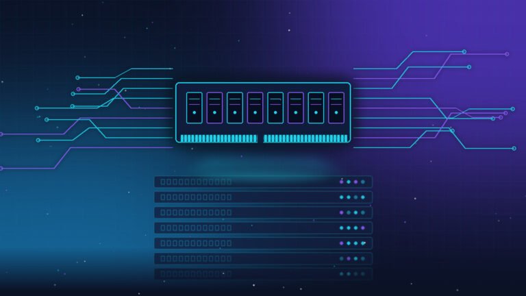 Dark futuristic illustration of a glowing memory module with neon cyan and purple circuit traces above a faint server rack on a navy background