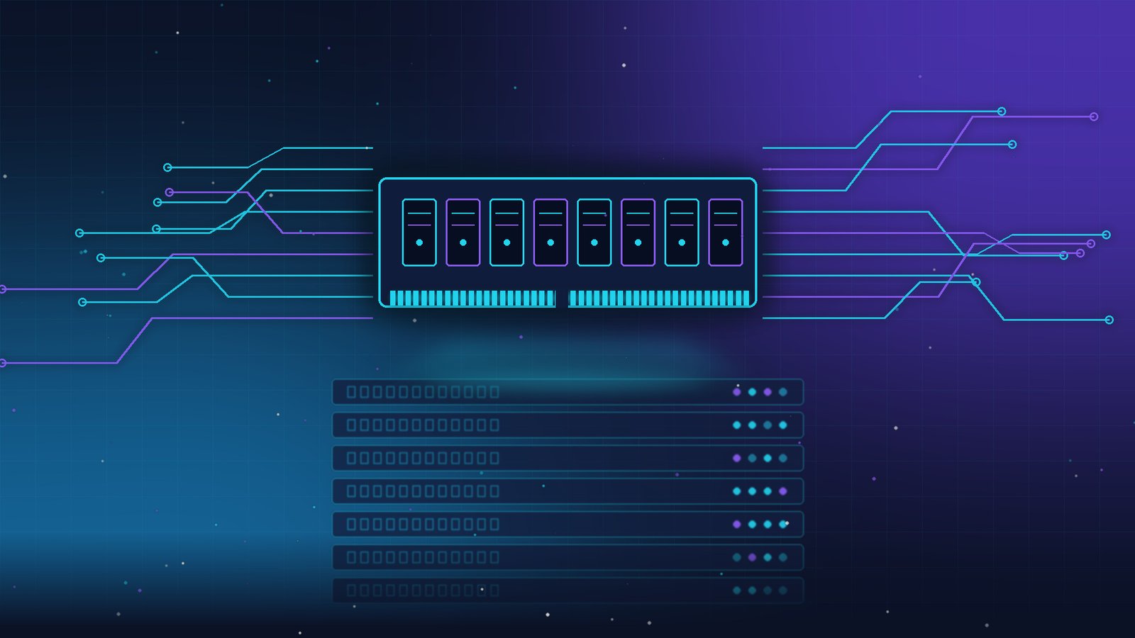 Dark futuristic illustration of a glowing memory module with neon cyan and purple circuit traces above a faint server rack on a navy background