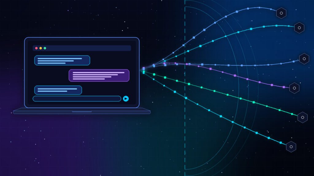 Dark futuristic illustration of a chat window sending glowing data streams across a company network boundary
