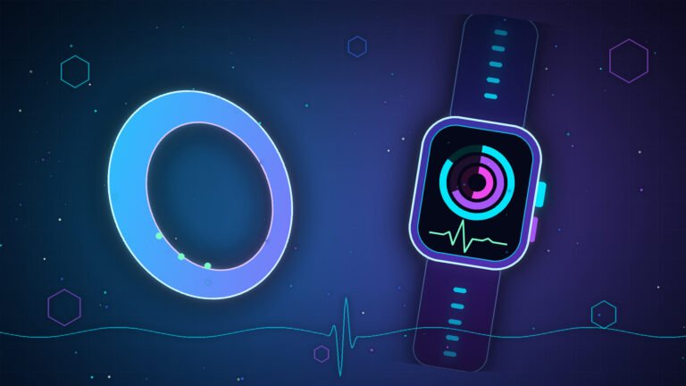 Illustration of a glowing blue ring beside a purple smartwatch showing concentric activity rings and a heartbeat line, set against a dark blue-to-purple background with hexagons and floating particles.